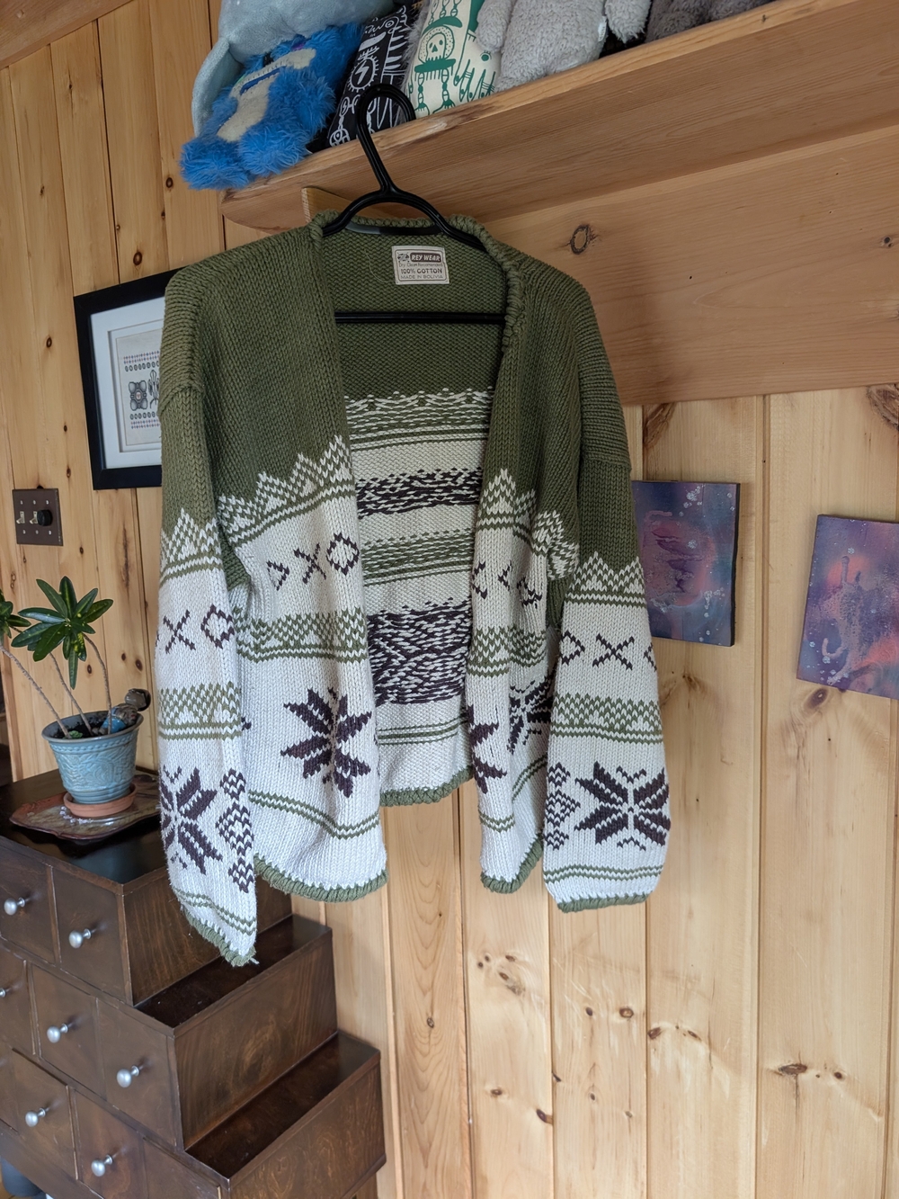 Vintage Rey Wear Fair Isle Open-Front Cardigan Sweater